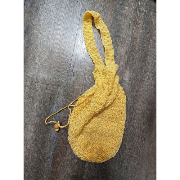 Vintage Drawstring Crochet Purse, Yellow Bohemian Shoulder Bag - Picture 10 of 10